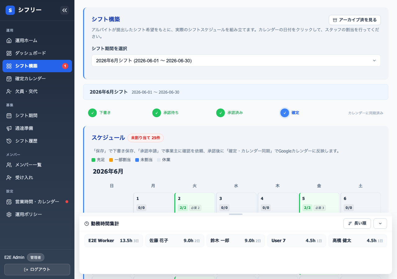 シフト構築画面。カレンダーと下端の勤務時間ドックが開いた状態